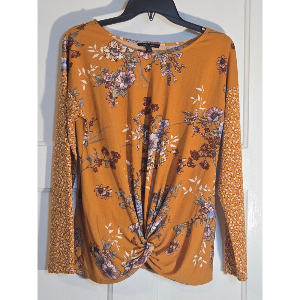 Signature‎ Studio Mustard Yellow Floral Twist Front Long Sleeve Blouse Small